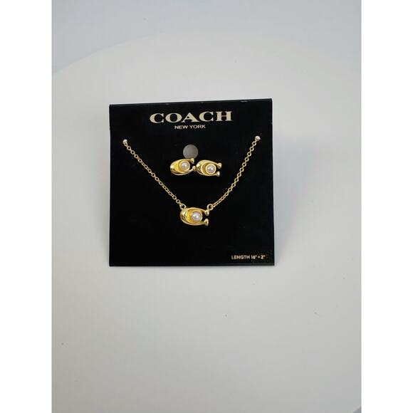 Coach Gold Pearl Signature C Pendant Necklace & Earrings set - NWT! - Picture 3 of 6
